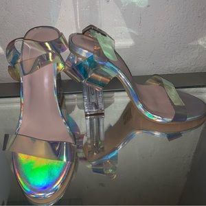 Holographic Open Toe Chunky Heels